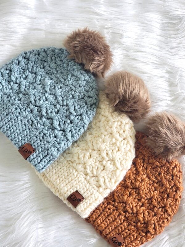 Crochet Beanie, Baby to adult in blue, cream and orange