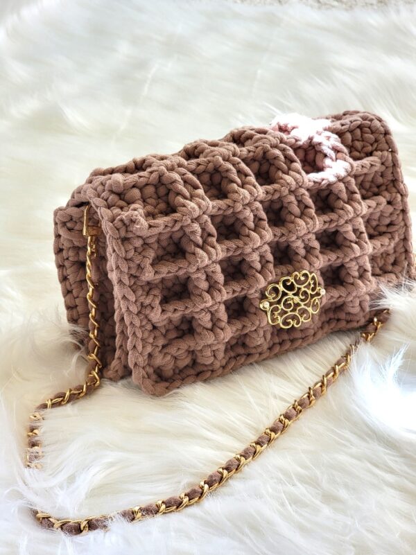 Crochet Sling Bag Pattern in Brown color with golden strap