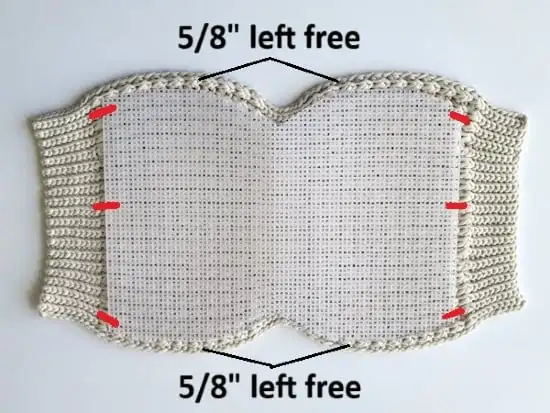 Red lines showing how to attach plastic canvas to bag