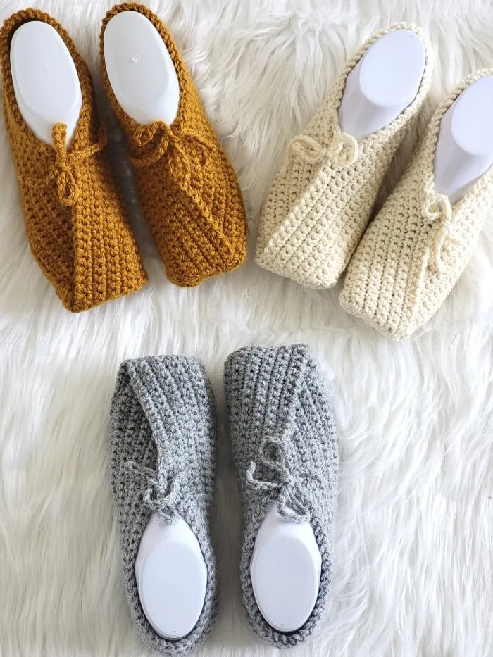 Beginner crochet slippers finished in cream, gray and mustard colors