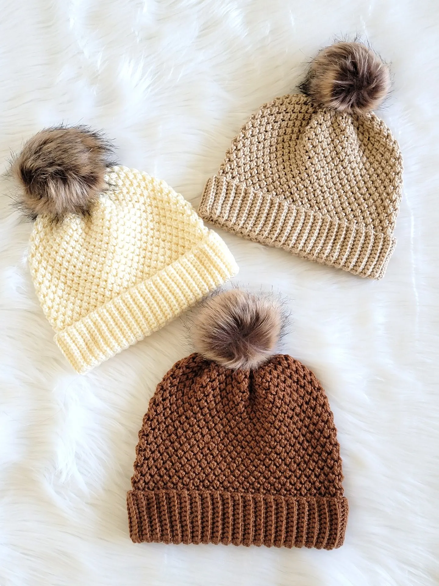 3 crochet beanie hats in brown, beige and cream colors