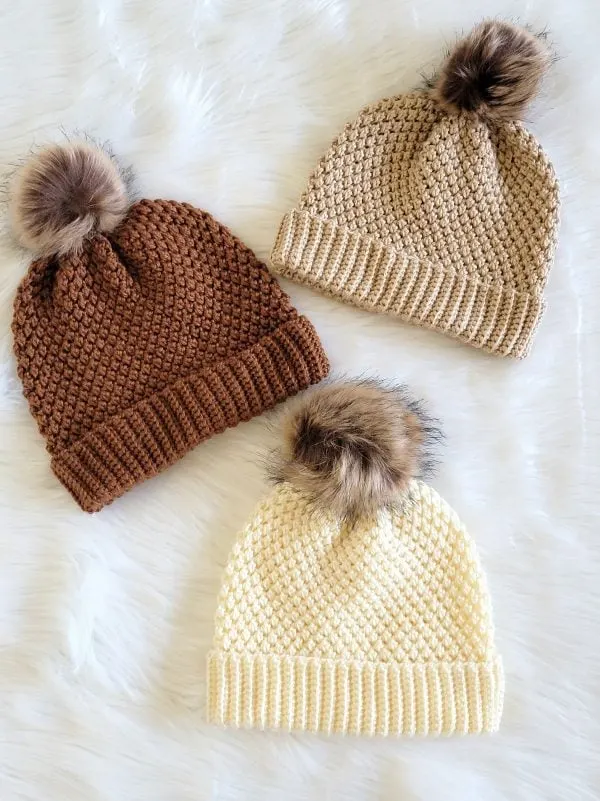 3 crochet beanie hats in neutral colors