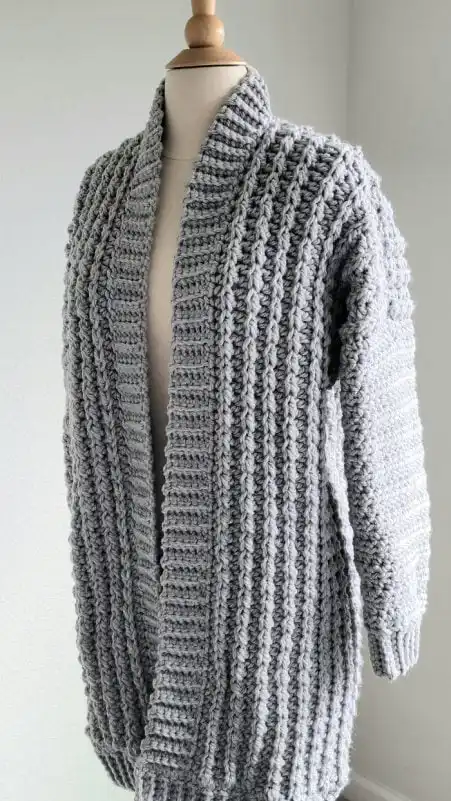 Crochet duster cardigan free pattern finished in grey color