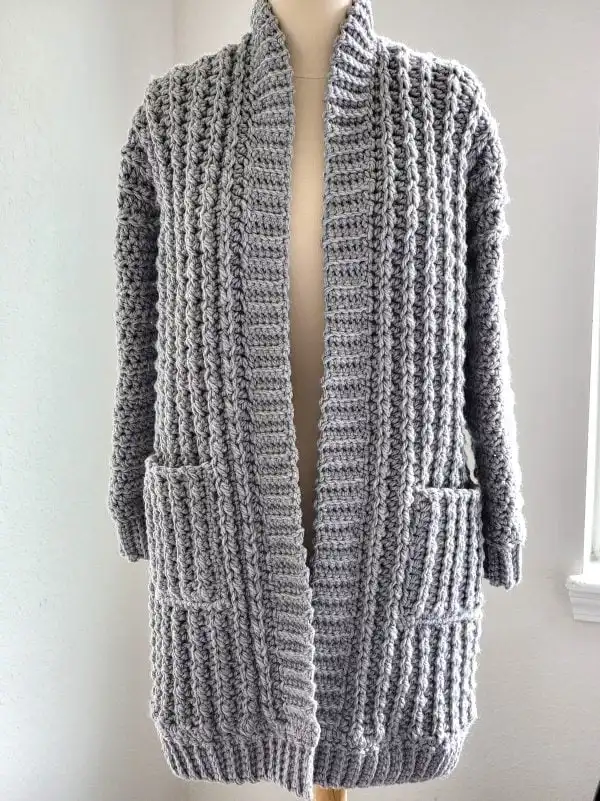 Grey crochet duster cardigan with pockets