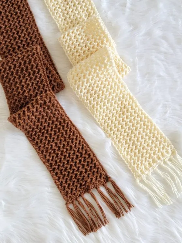 crochet winter scarf finished in brown and cream colors