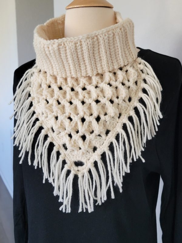 Cream colored bandana cowl closeup view on a mannequin