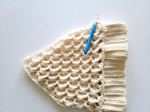 Blue hook showing to start single corchet from top left of triangle part