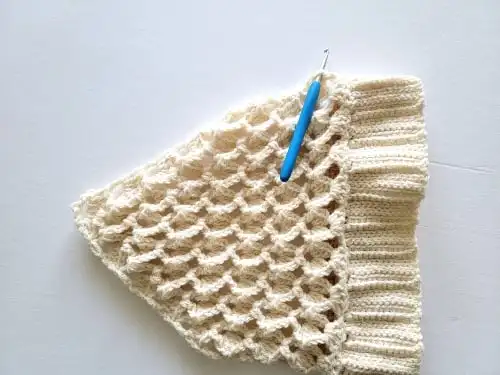 Blue hook showing to start single corchet from top left of triangle part