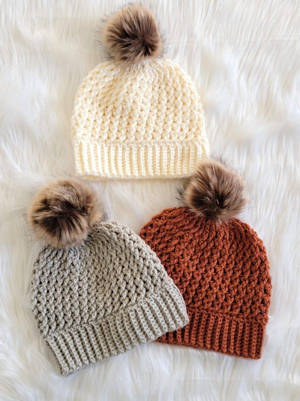 Close up of crochet beanie hats