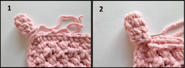 Needle inserted under post of stitches on body and then on leg