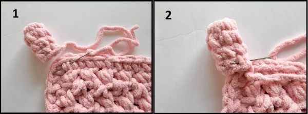 Needle inserted under post of stitches on body and then on leg