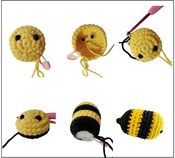 Attaching the eyes and finishing the body of the bee