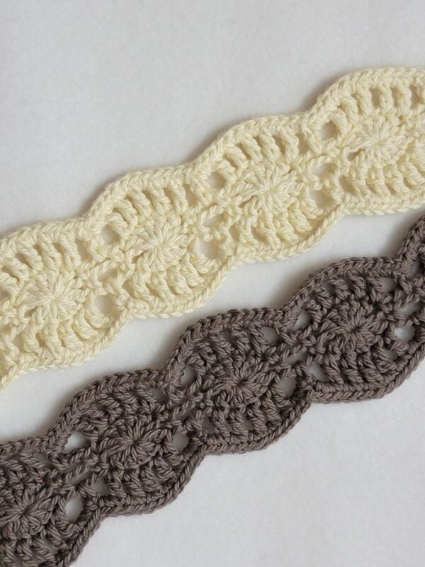 Cream and taupe crochet summer headbands displayed vertically, showing the repeating lacy flower stitch pattern and tie ends.
