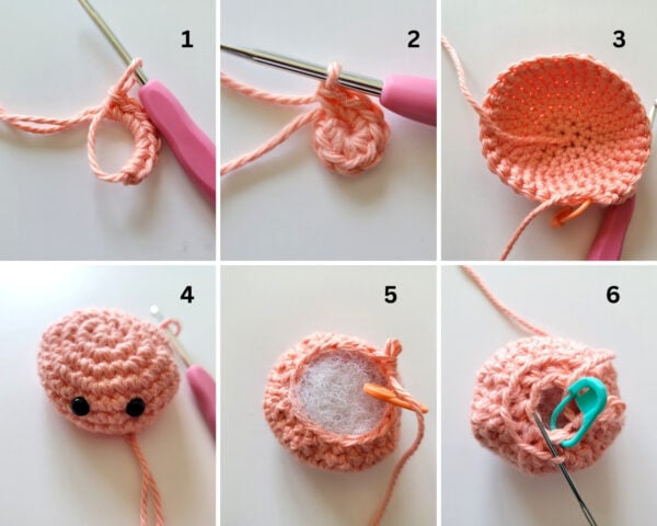 Six-step collage showing how to crochet the octopus head, add safety eyes, stuff it, and begin closing the bottom opening.