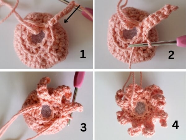Four-step collage showing how to crochet the eight curled octopus arms around the bottom of the stuffed head.