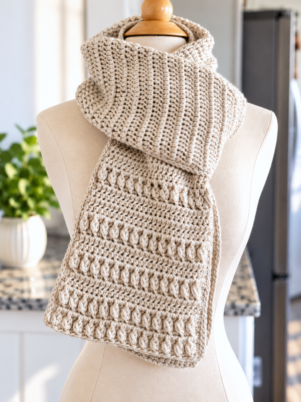Cream unisex crochet scarf wrapped around a dress form, showing the textured stitch pattern on the hanging end.