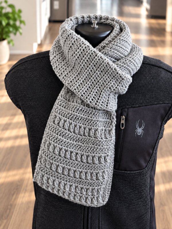 Gray men’s crochet scarf wrapped around a black male mannequin, showing the textured crochet stitches