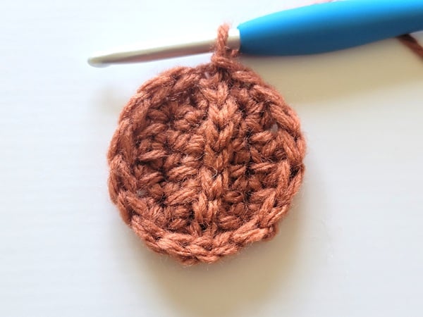 Round 2 completed in round shape shown in orange yarn with a blue hook