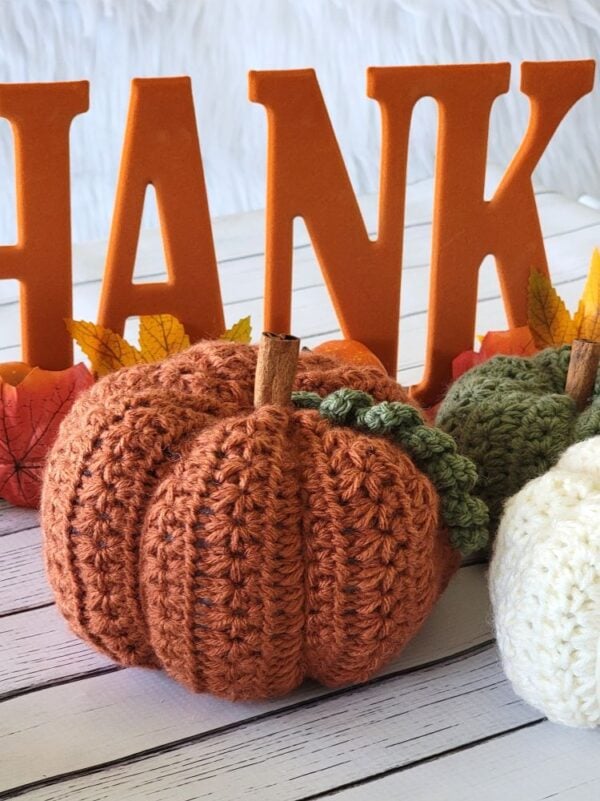 Close-up of a large orange crochet pumpkin showing the textured star stitches, shaped sections, cinnamon stick stem, and curly green vine.