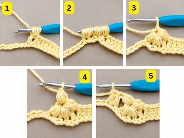 Five-step photo tutorial showing how to crochet a half puff stitch flower using yellow yarn and a crochet hook.