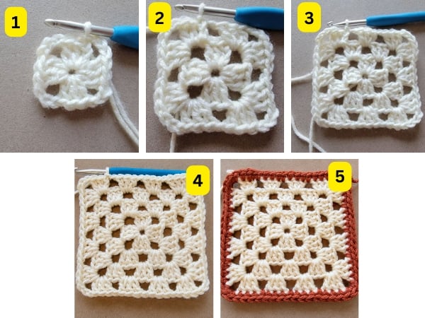 Five-step photo tutorial showing how to crochet a basic granny square, from the first round to a completed cream-colored square with a rust-colored border.