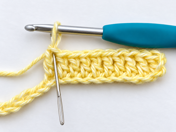Needle inserted into the previous double crochet stitch to show where to work the open puff stitch.