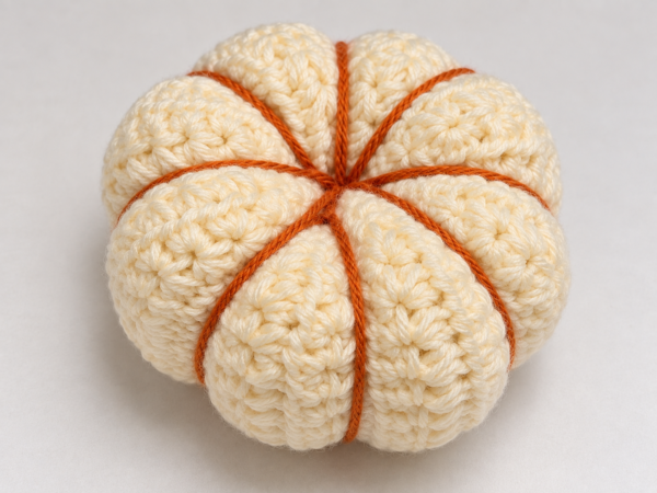 Cream crochet pumpkin divided into eight sections with orange yarn wrapped through to form indentations.